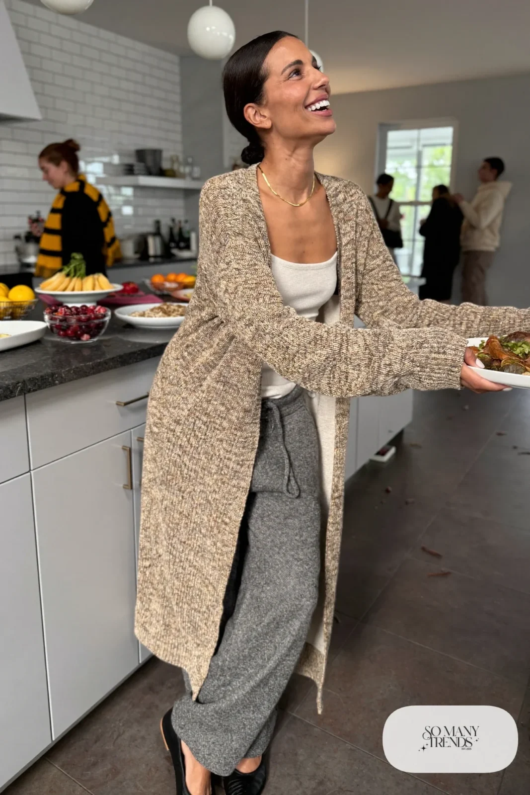 oatmeal long cardigan white knit tank gray wide-leg pants black flats gold necklace outfit 18