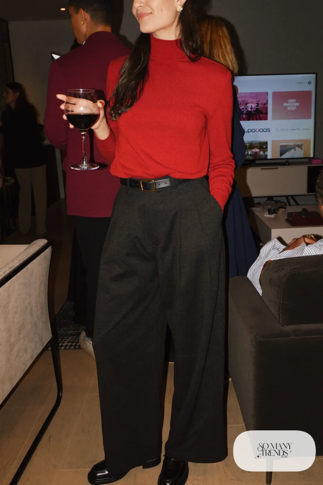 cherry red merino turtleneck black pleated pants black belt block-heel loafers outfit 20