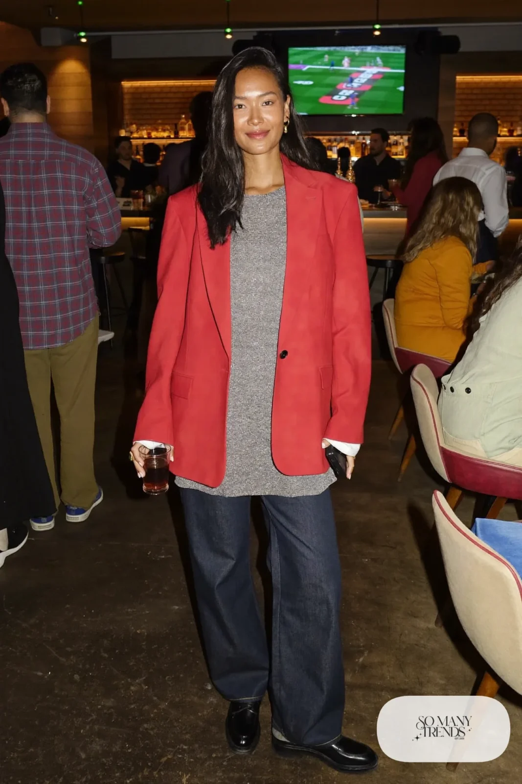 silver lurex knit top red oversized blazer dark wide-leg jeans black loafers outfit 25