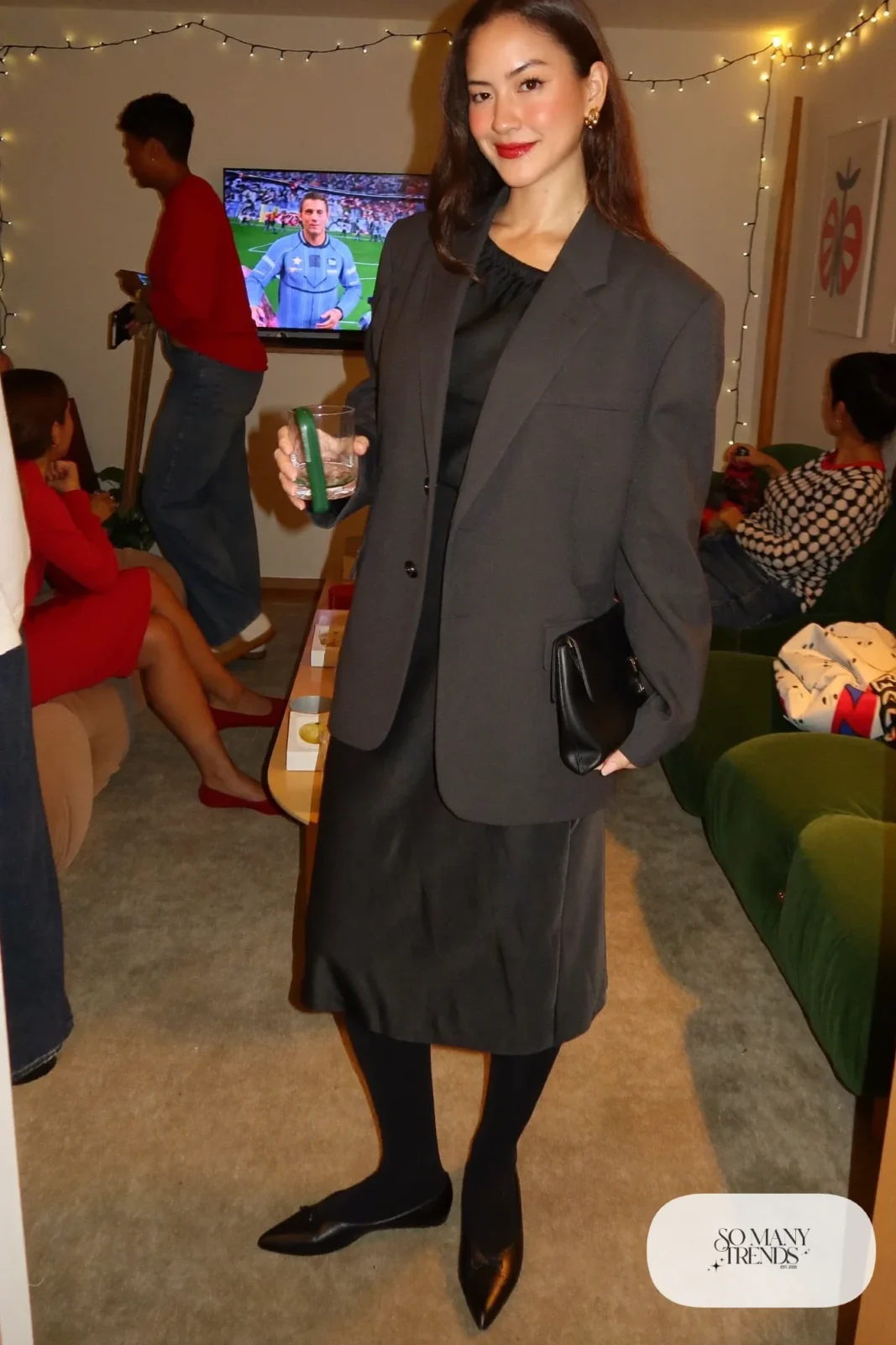 black satin midi slip dress oversized gray blazer black tights pointed flats black clutch outfit 29