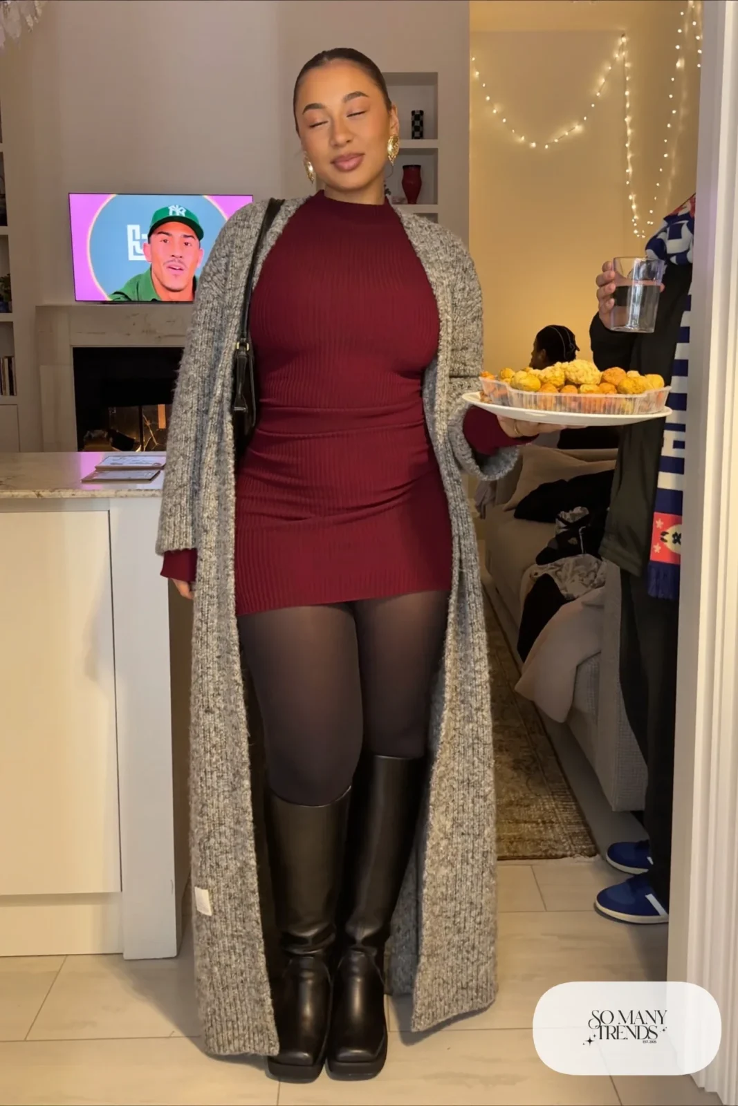 burgundy ribbed midi sweater dress long gray cardigan tall black boots gold earrings outfit 12