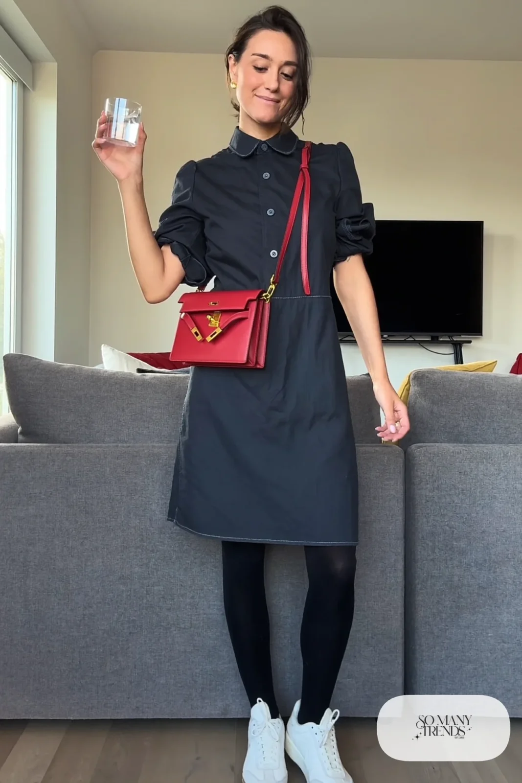 navy cotton shirt dress brown leather belt white sneakers red crossbody bag outfit 15