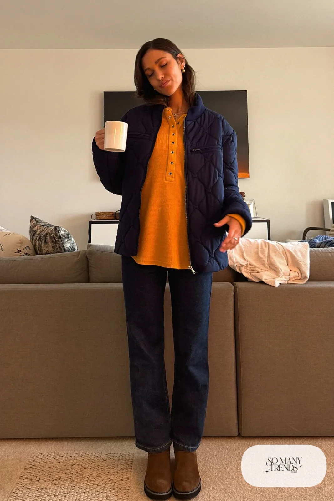mustard henley top navy quilted liner jacket straight jeans suede ankle boots outfit 21