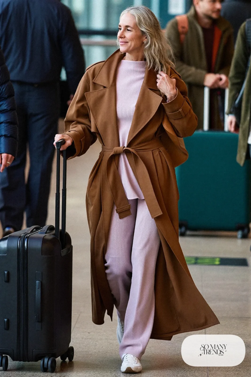 Woman in her fifties in a camel trench coat, pale pink knit top and matching pants with white sneakers, outfit 7