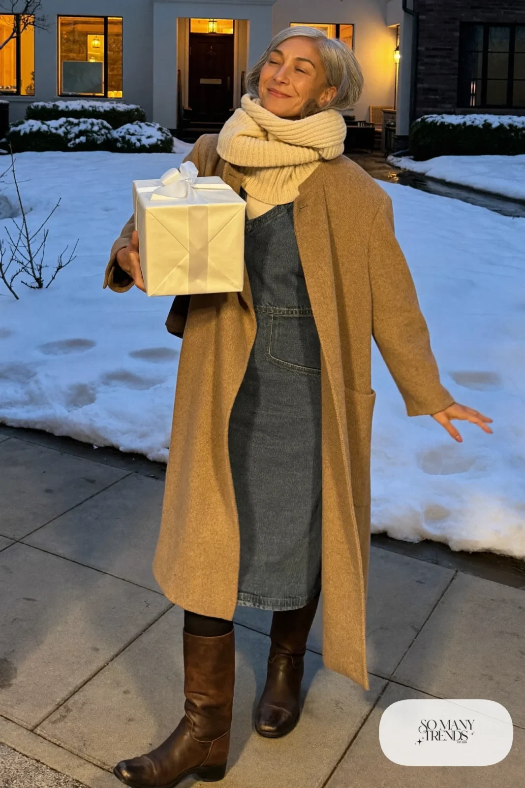 Petite woman in a denim blue knit midi dress under a knee-length camel coat with tall brown boots in winter, outfit 31