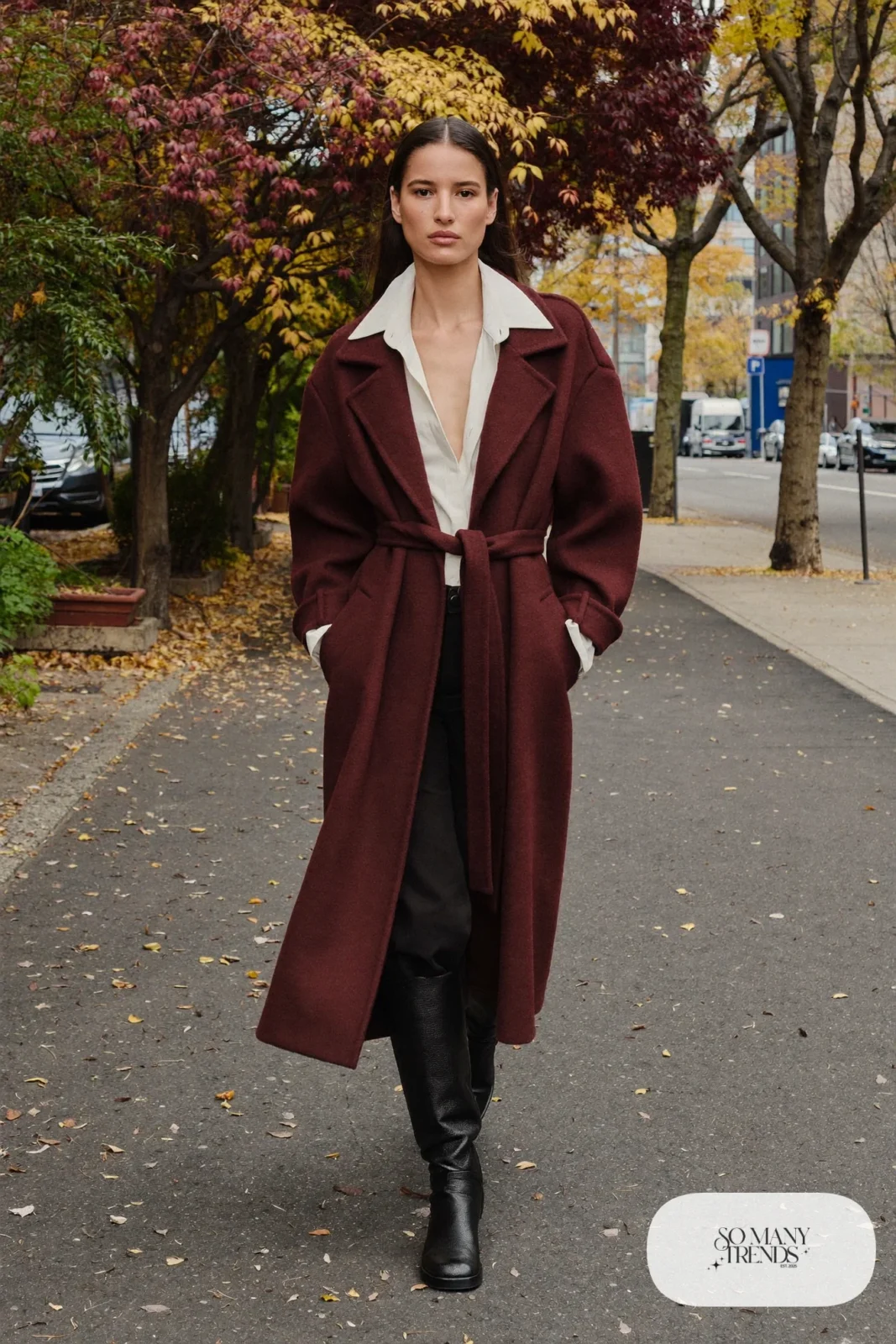 Woman with pear-shaped figure in a belted espresso wool coat over a white shirt, dark pants and black boots, outfit 6