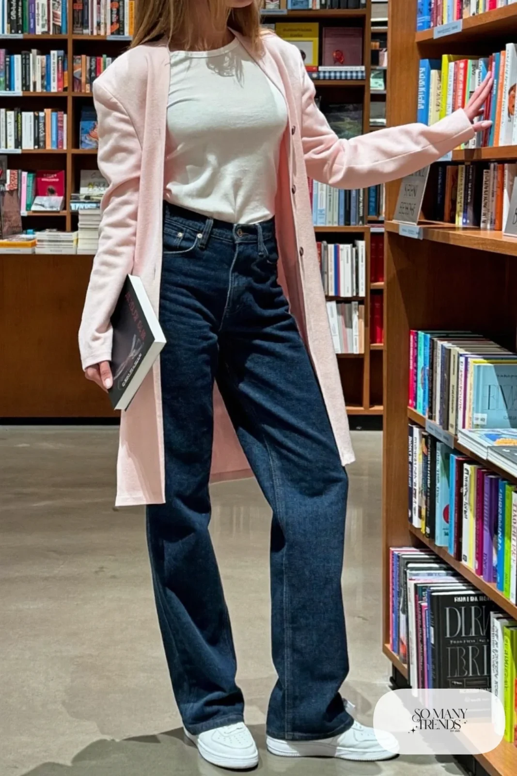 Woman with pear-shaped figure in a pale pink cardigan, white tee, dark jeans and white sneakers, outfit 11