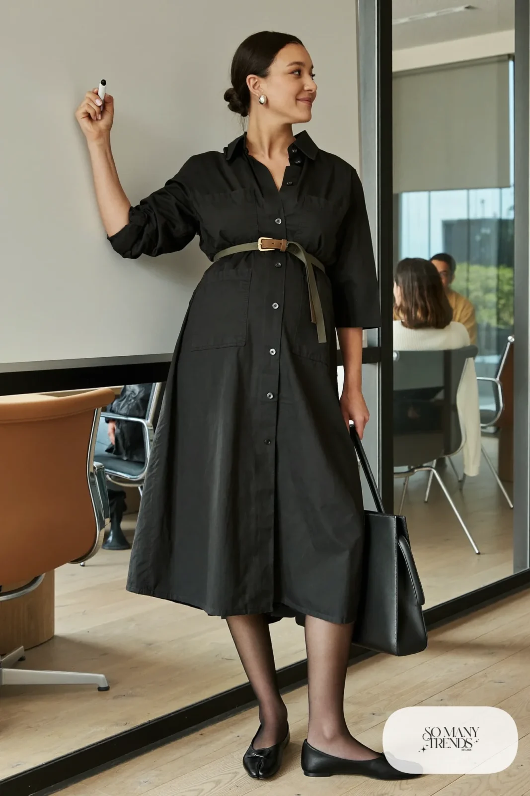 Black maternity shirt dress with olive belt, sheer tights and black cap-toe flats - outfit 3