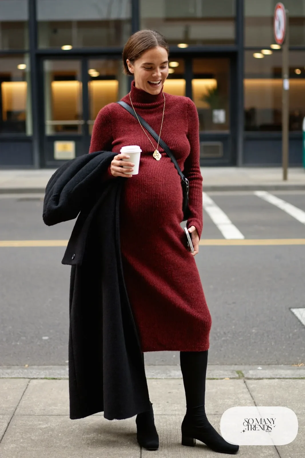 Oxblood ribbed maternity knit midi dress with black knee-high boots and black wool coat - outfit 4