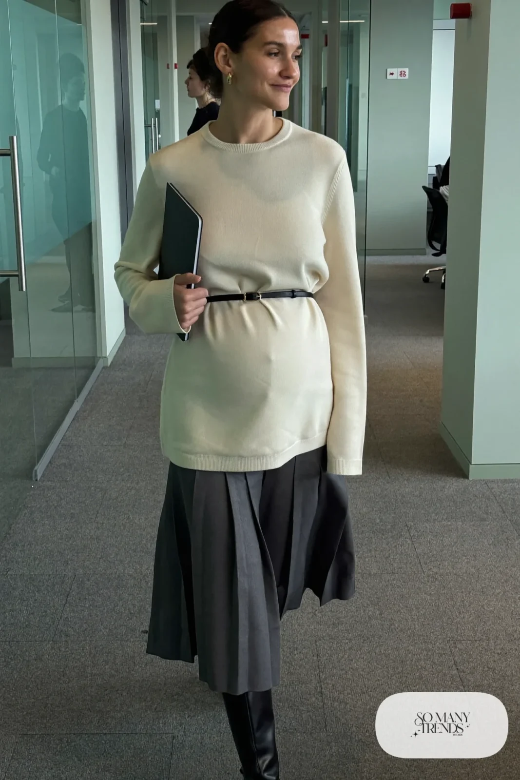 Ivory knit tunic with charcoal pleated maternity midi skirt and black knee-high boots - outfit 7
