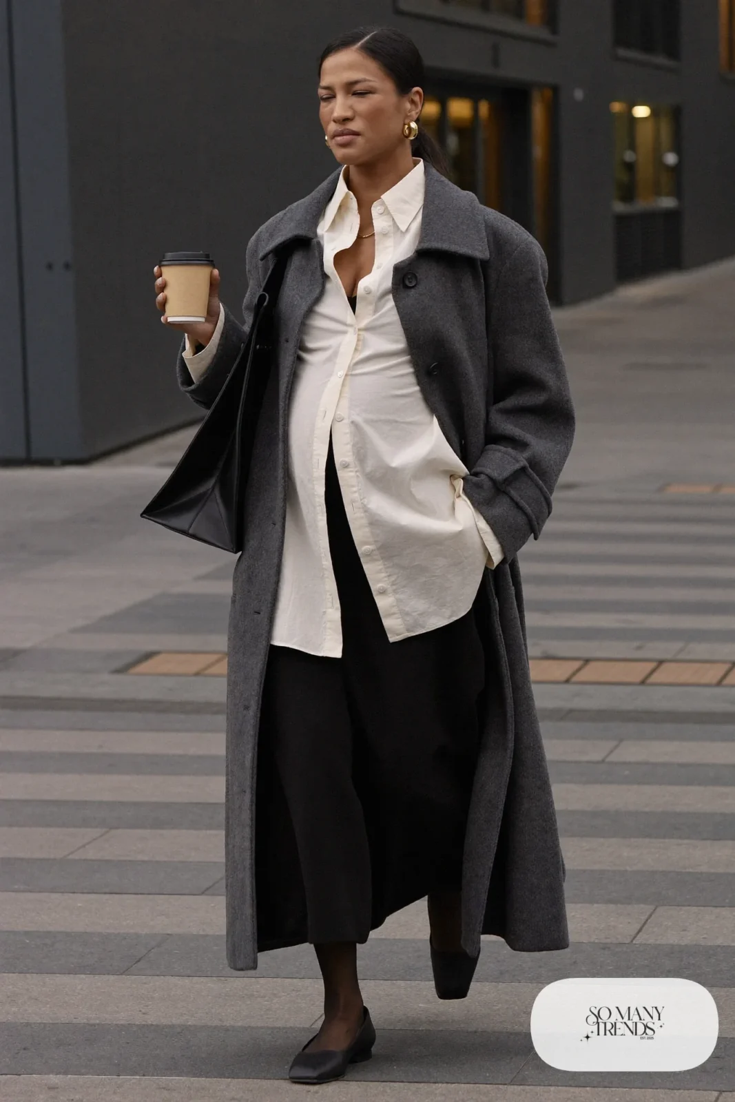 Oversized ivory poplin shirt with black wide-leg maternity pants and long charcoal coat - outfit 11