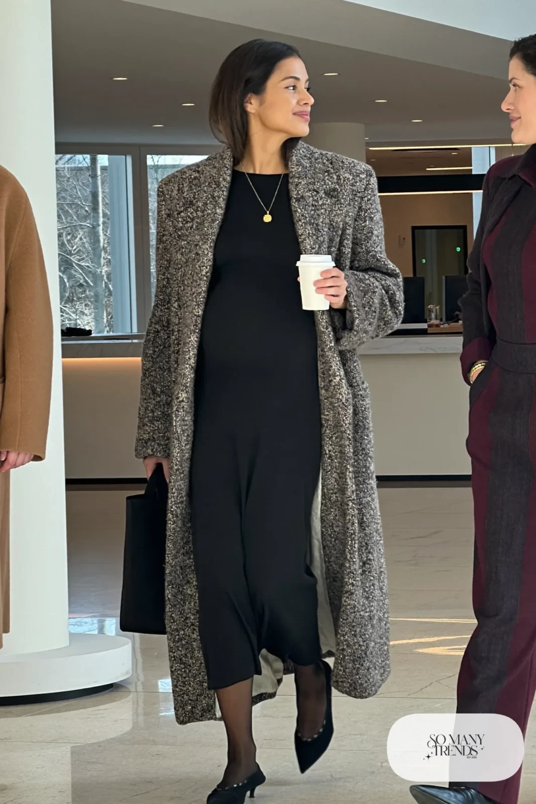 Long charcoal shawl-collar cardigan coat over black maternity midi dress with black flats - outfit 18