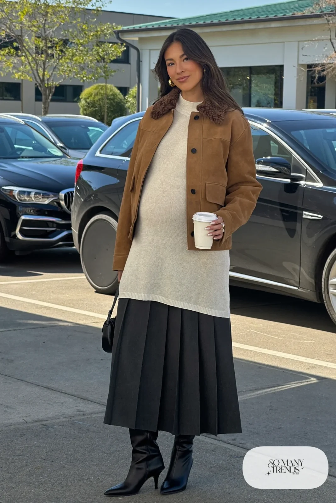 Brown suede-look jacket over ivory longline knit with charcoal pleated maternity skirt and black boots - outfit 20