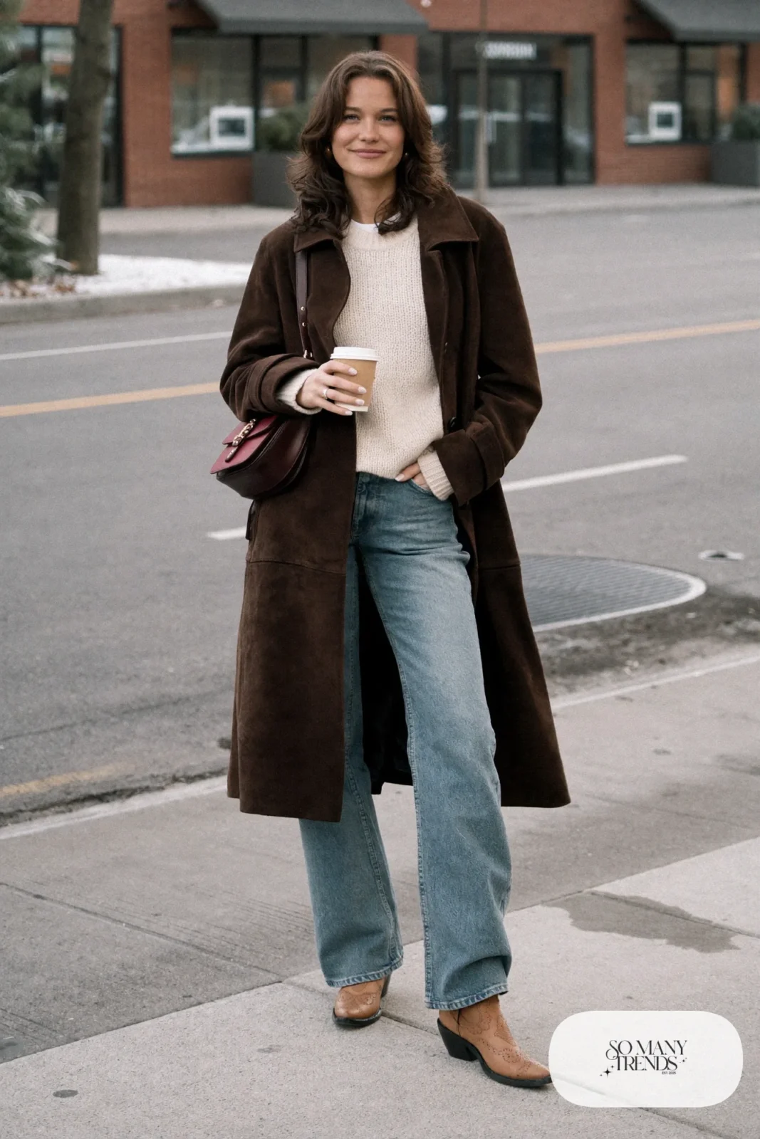 Chocolate brown suede knee-length coat, cream knit sweater, washed indigo flared jeans and tan cowboy boots, outfit 1