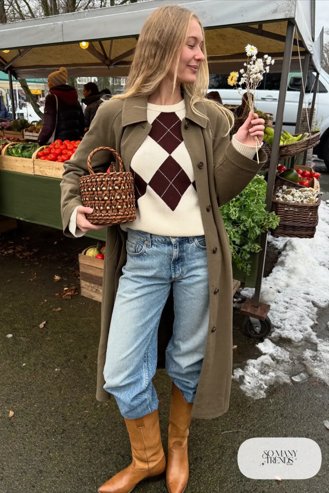 Cream and brown argyle sweater, barrel-leg jeans, olive canvas chore coat and tan cowboy boots, outfit 5