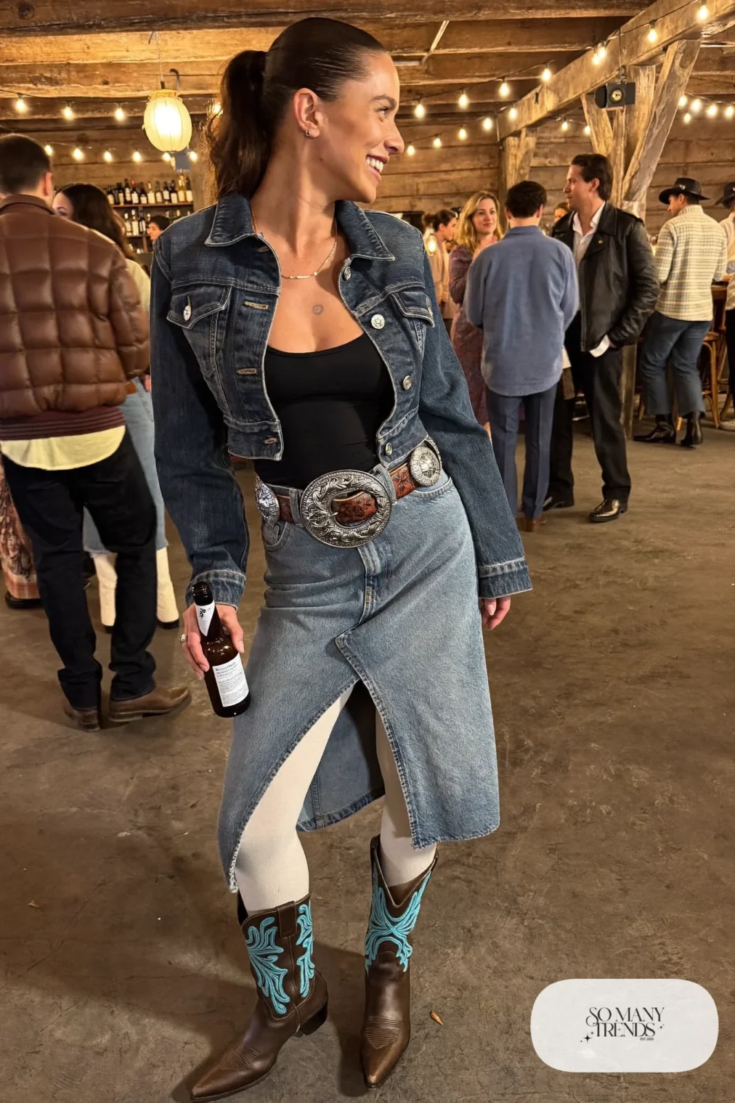 Cropped indigo denim jacket, lighter denim midi skirt, cream tights and brown cowboy boots, outfit 7