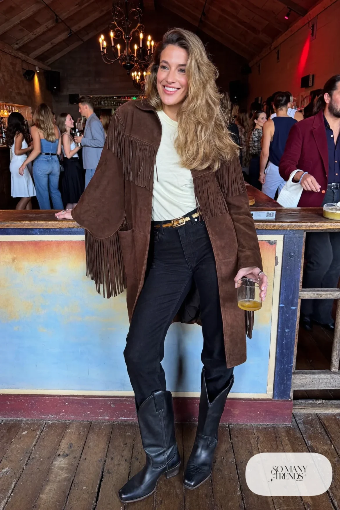 Chocolate suede fringe jacket, cream tee, black straight jeans and black cowboy boots, outfit 8