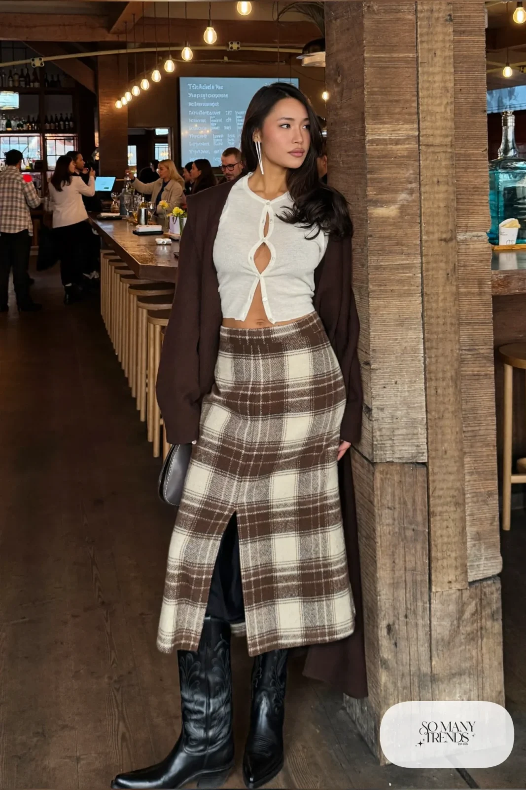 Chocolate and cream plaid maxi skirt, fitted cropped cardigan, black tights and black cowboy boots, outfit 11