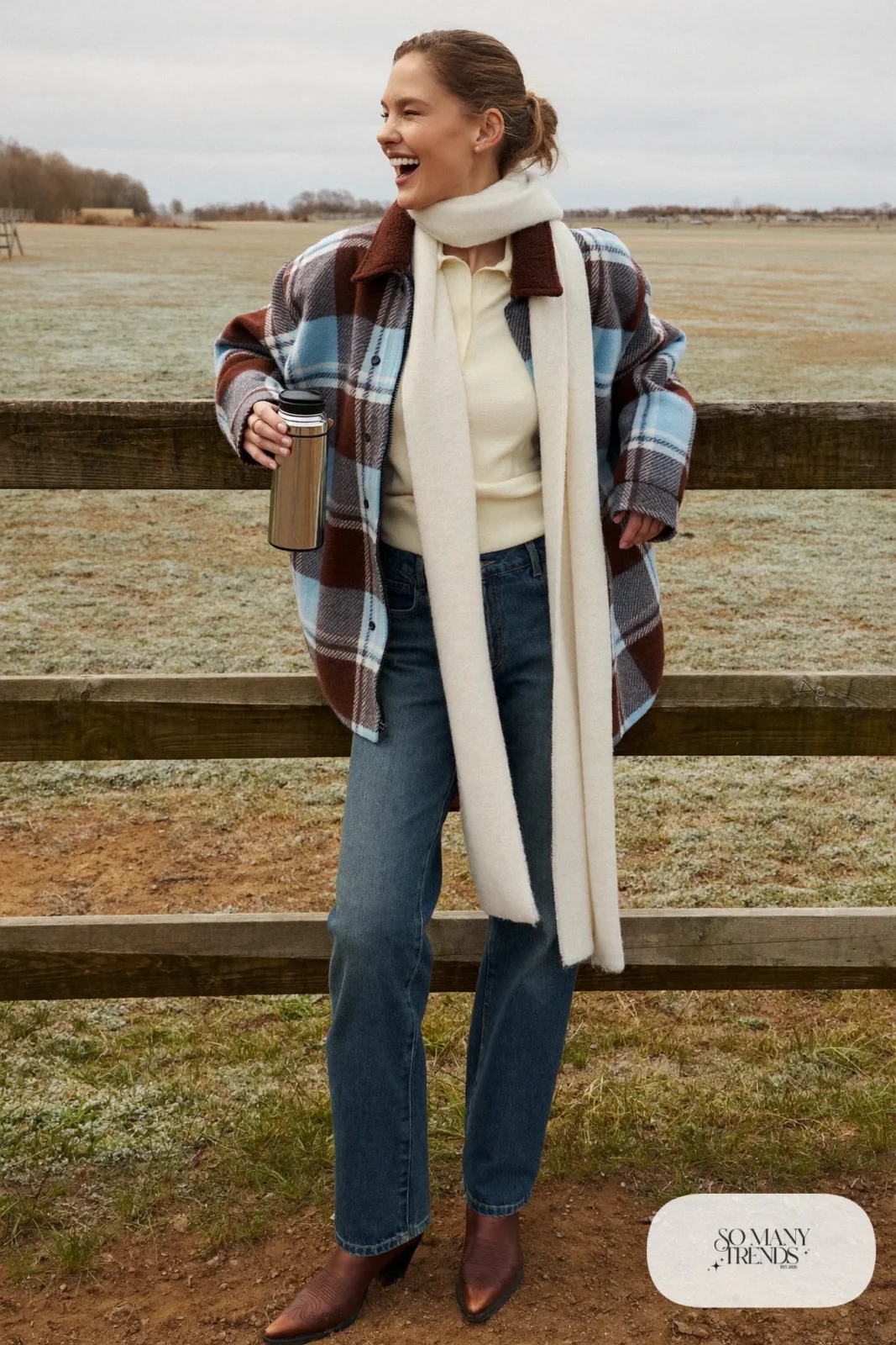 Chocolate and powder blue plaid shirt jacket, cream thermal, straight jeans, scarf and brown cowboy boots, outfit 15