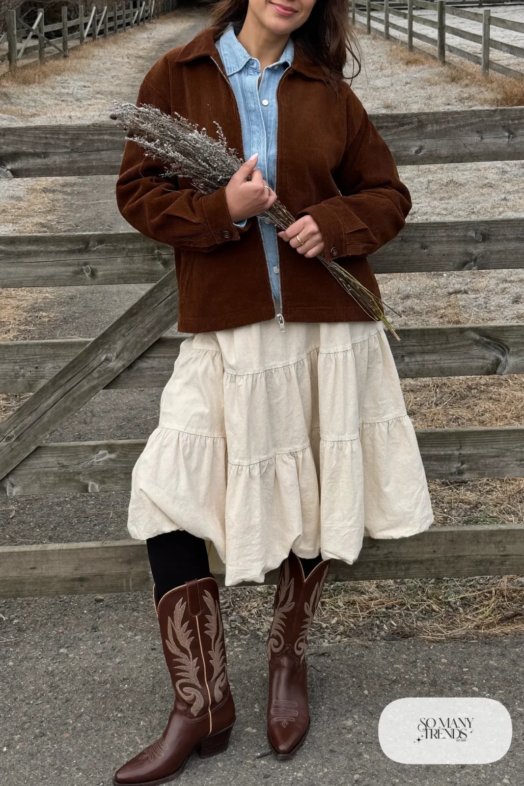 Chocolate corduroy jacket, cream tiered prairie skirt, denim shirt, black tights and tall brown cowboy boots, outfit 17