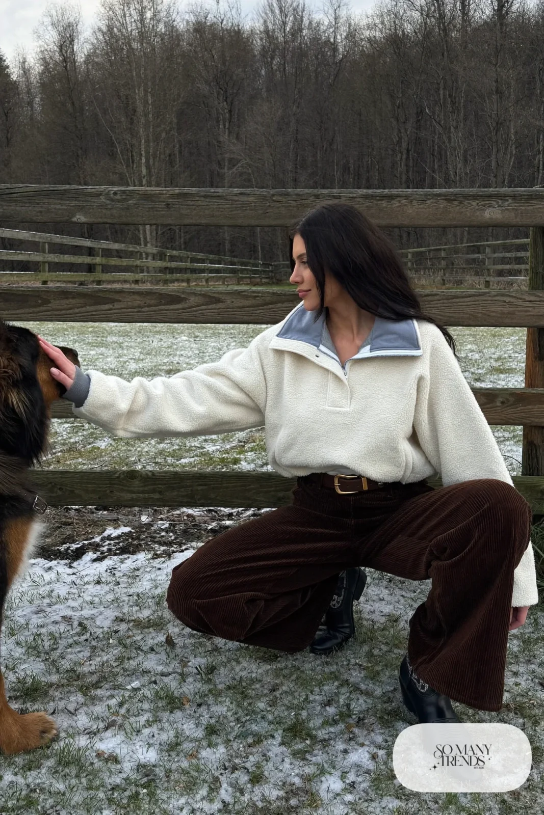 Cream half-zip fleece pullover, wide chocolate corduroy pants and black cowboy boots, outfit 18