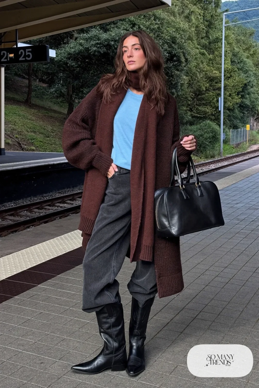 Oversized chocolate knit cardigan coat, powder blue tee, wide black jeans and black cowboy boots, outfit 20
