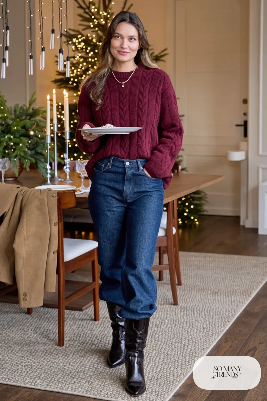 Deep burgundy cable-knit sweater, dark straight jeans, camel coat and black cowboy boots, outfit 25