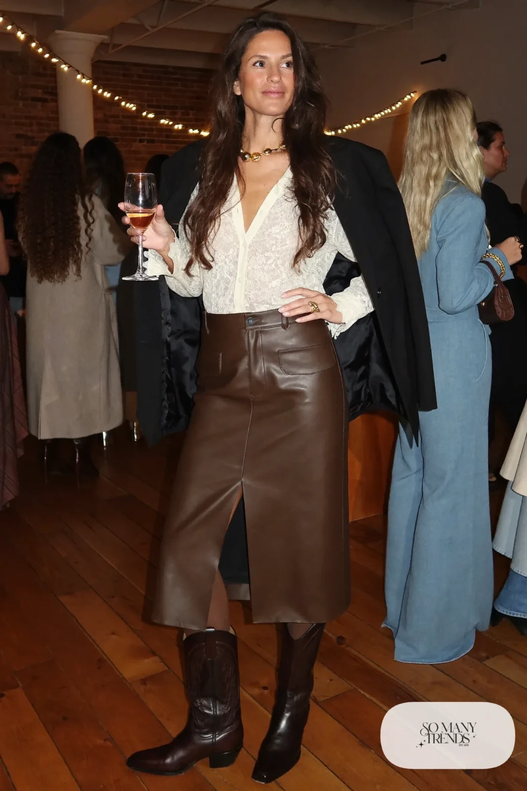 Cream lace blouse, chocolate faux leather midi skirt, opaque tights, blazer and dark brown cowboy boots, outfit 26
