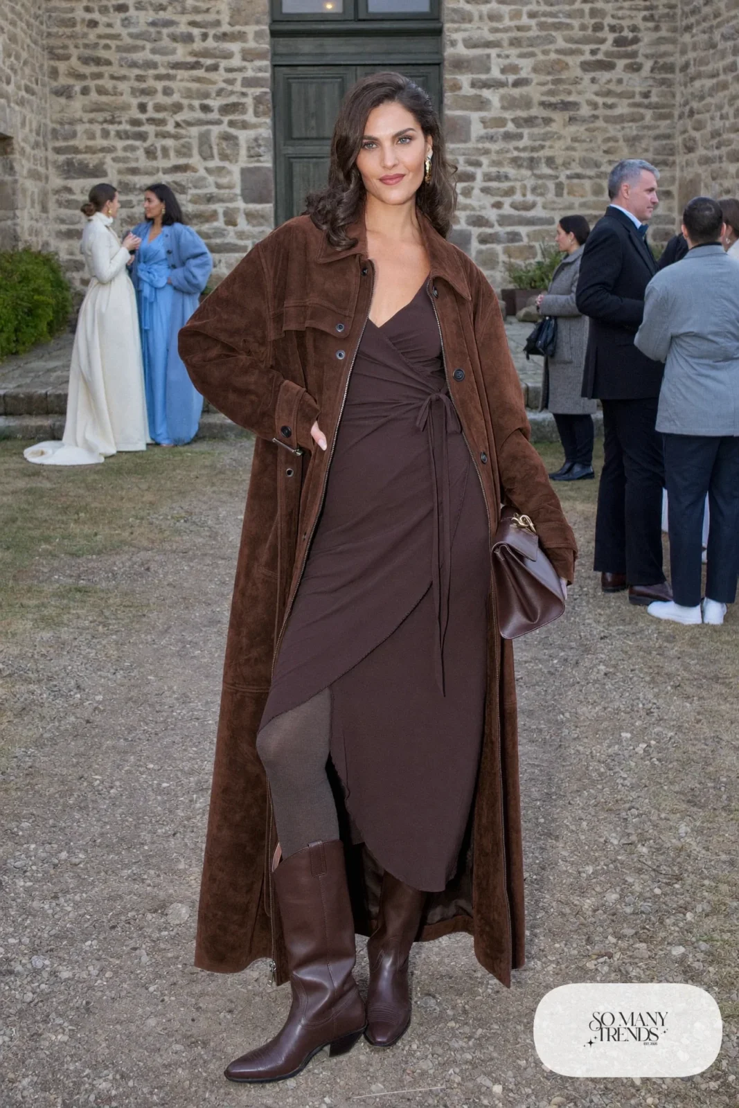 Brown wrap midi dress, long chocolate suede trench, sheer brown tights and tall brown cowboy boots, outfit 30