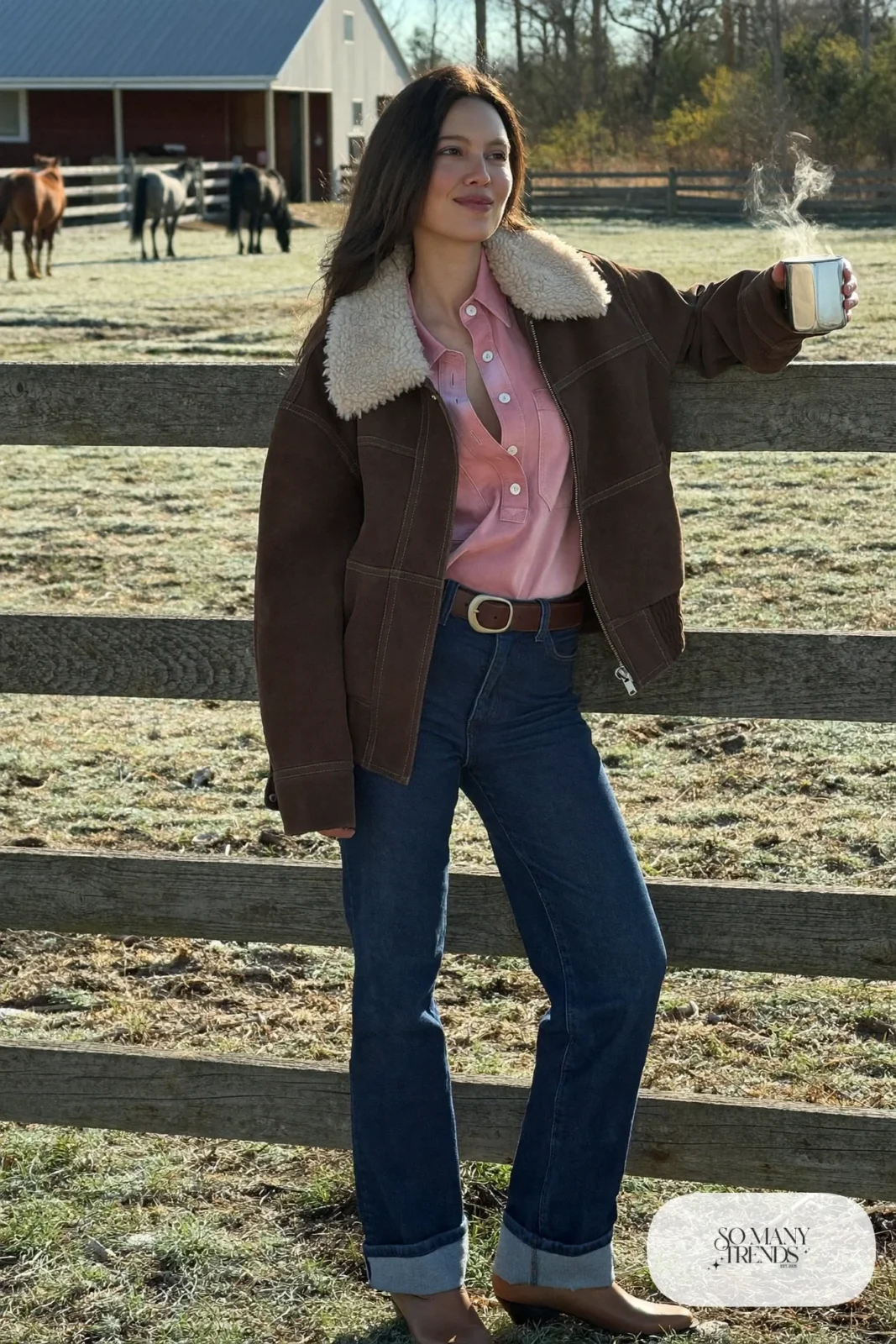 Chocolate suede shearling-collar jacket over rose flannel shirt with dark straight jeans and tan cowboy boots, outfit 1