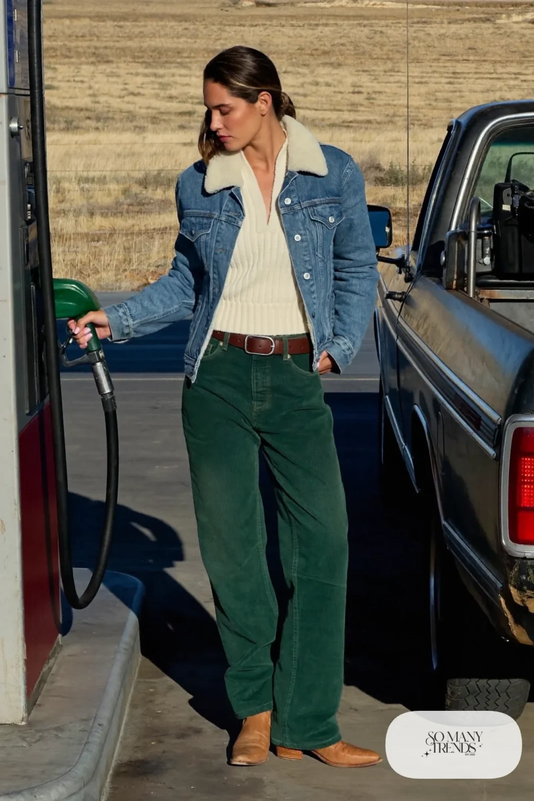 Sherpa-lined denim trucker jacket over cream knit with forest green corduroy pants and brown boots, outfit 5