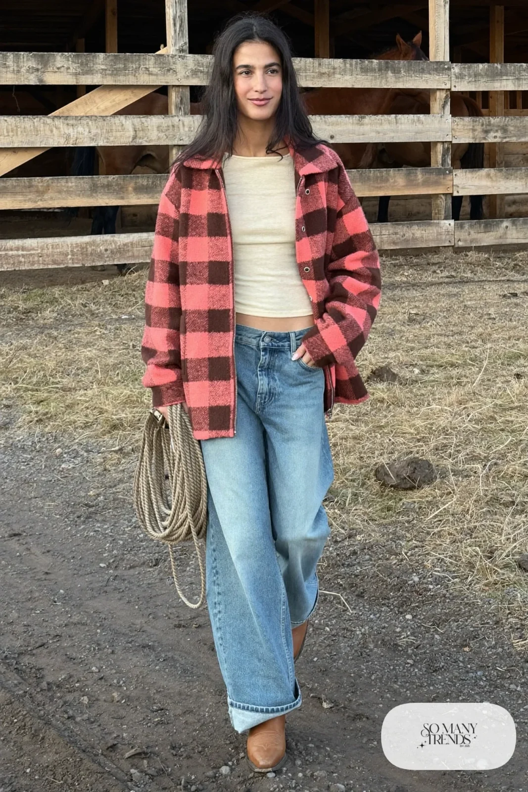 Rose and chocolate plaid wool shacket over cream top with wide-leg light jeans and cognac cowboy boots, outfit 6