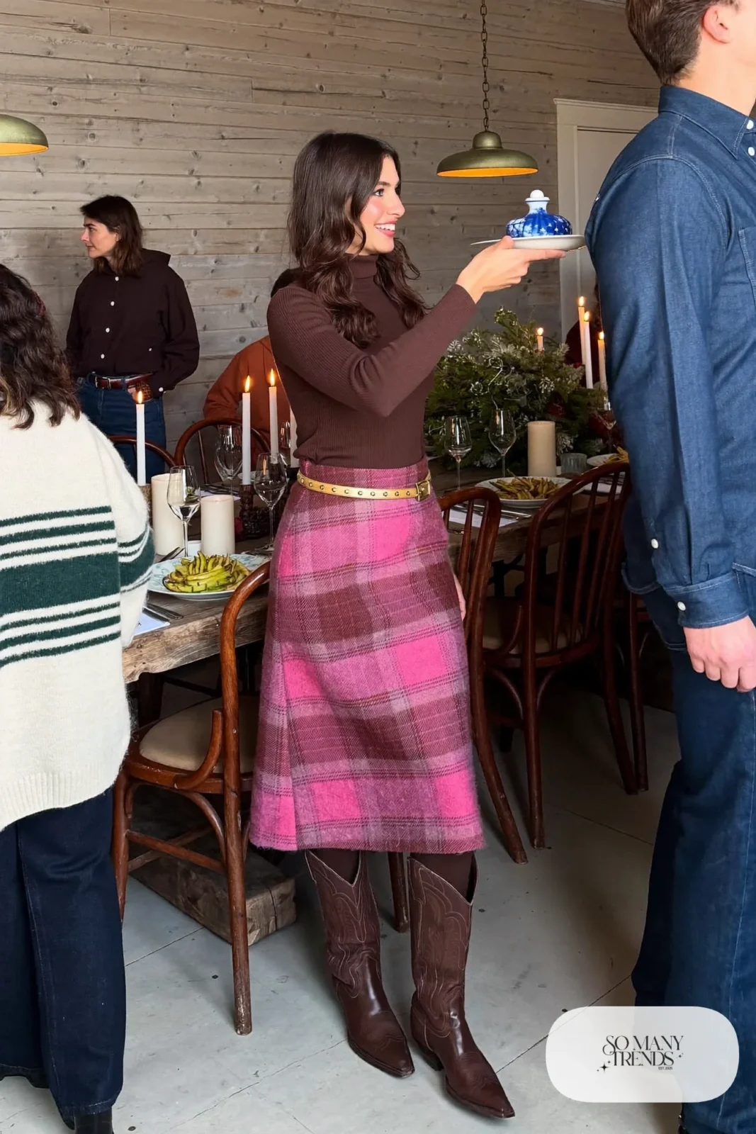 Rose and brown plaid wool midi skirt with chocolate turtleneck, black tights and tall boots, outfit 25
