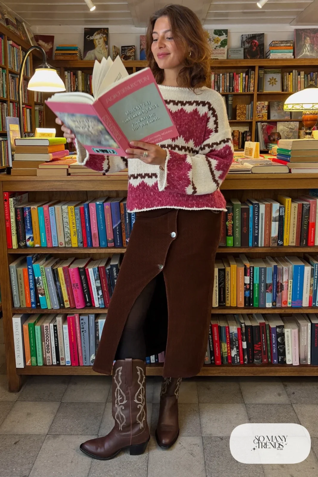 Southwestern pattern sweater with chocolate corduroy midi skirt, black tights and tall cowboy boots, outfit 28