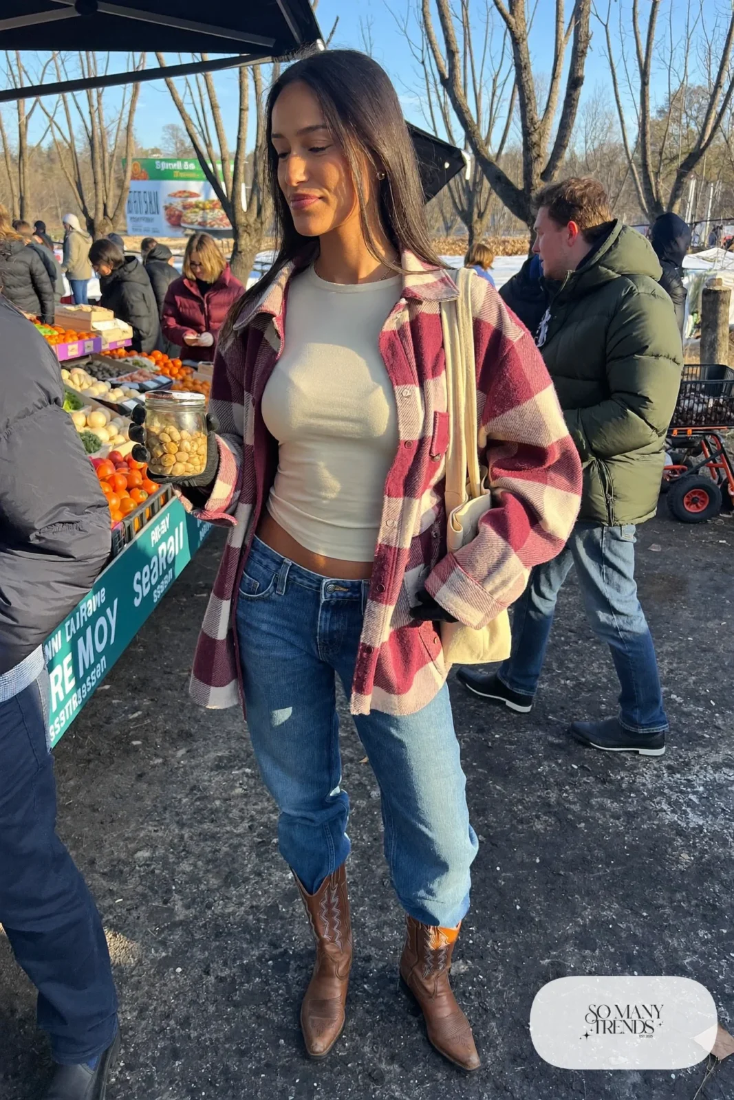Oversized rose flannel shirt jacket over cream tee with barrel jeans and cognac cowboy boots, outfit 29