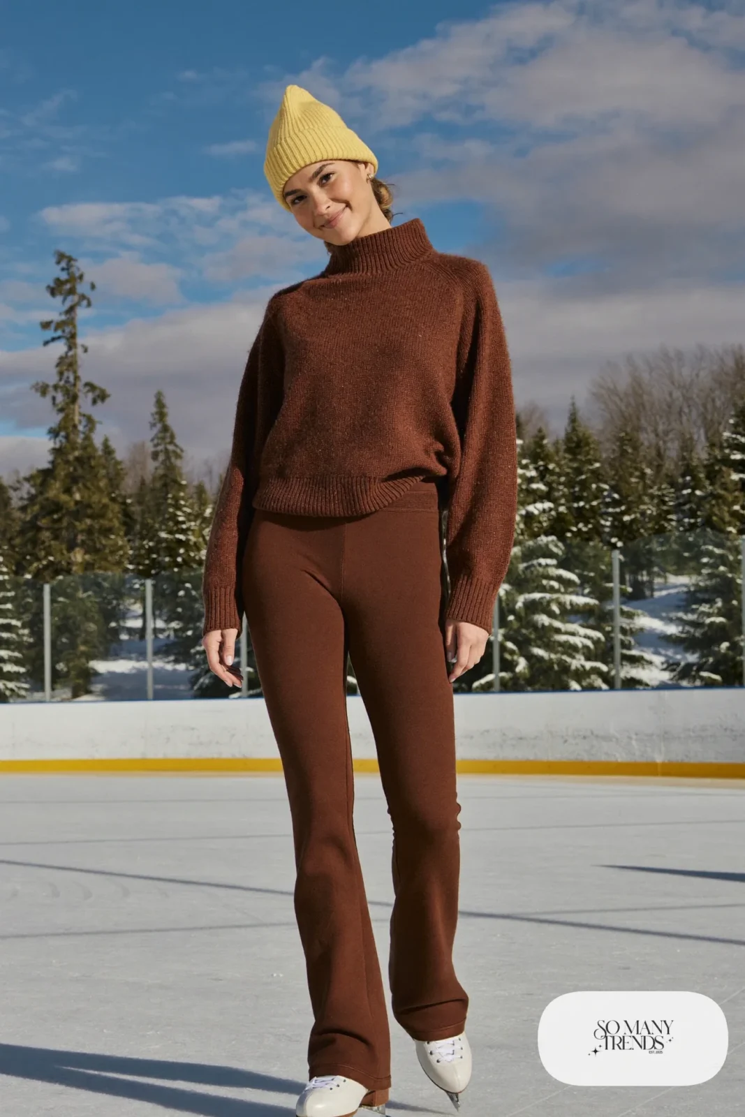 Butter yellow knit beanie with mocha roll-neck sweater, mocha leggings and white ice skates - outfit 8