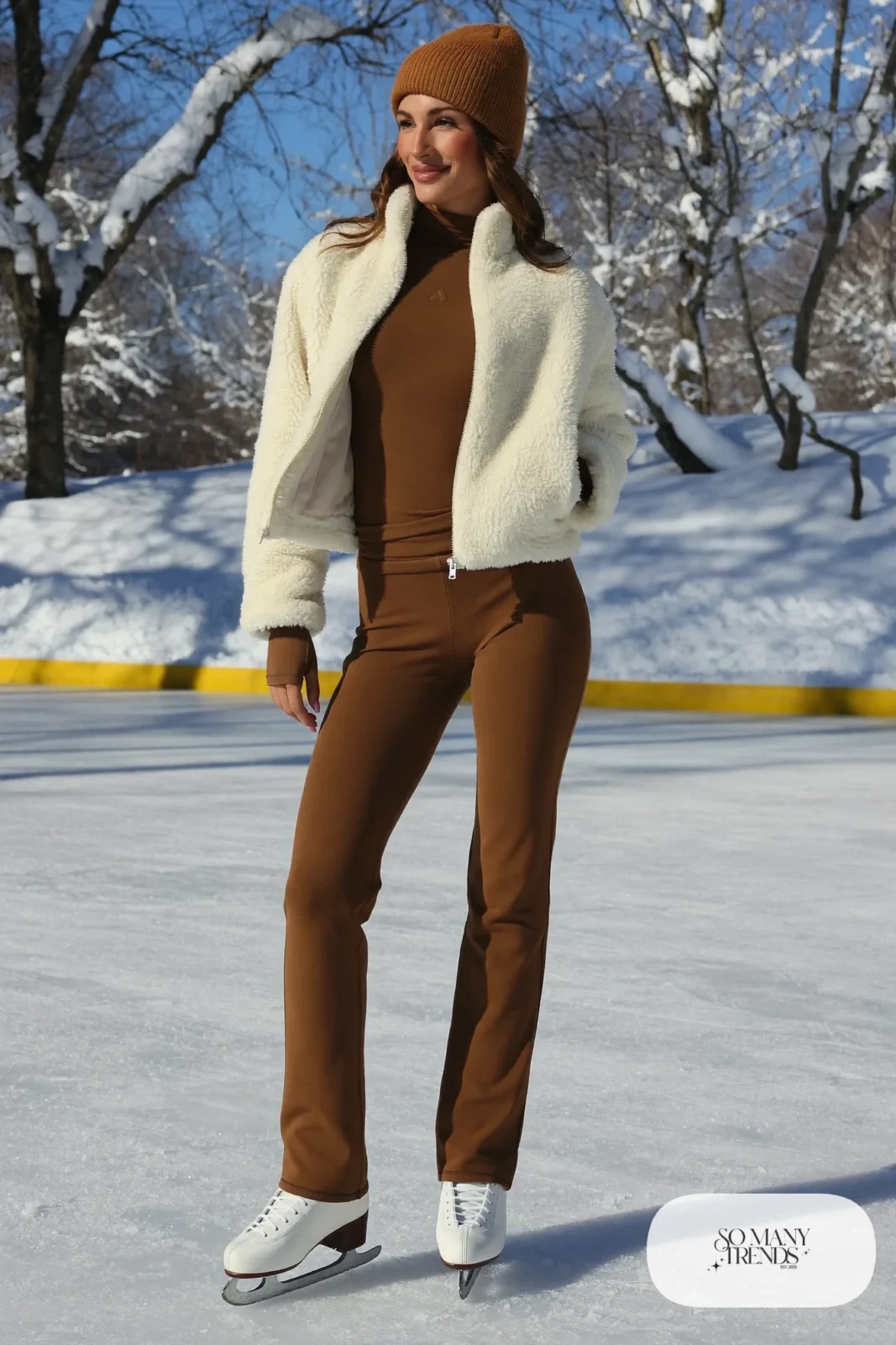 Cream cropped teddy jacket over mocha thermal top, mocha leggings, mocha beanie and ice skates - outfit 13