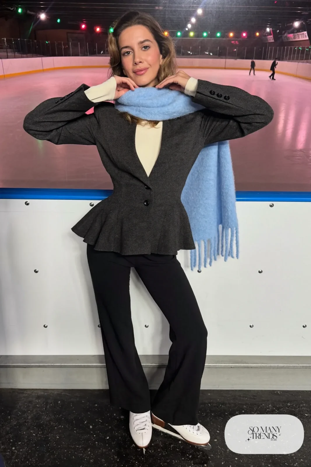 Charcoal wool-blend peplum jacket over cream thermal top, wide-leg stretch pants, sky blue scarf and ice skates - outfit 22
