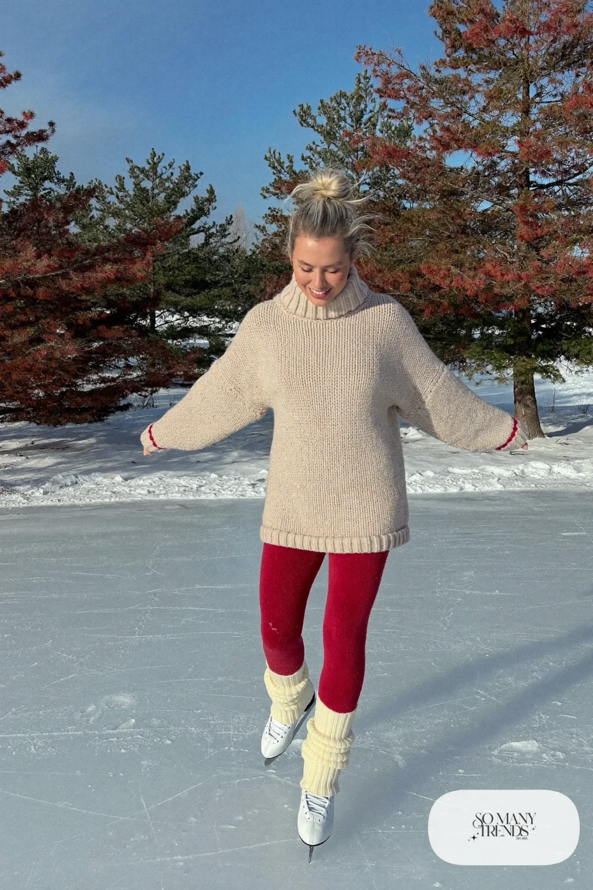 Cream chunky fisherman sweater, cranberry fleece leggings, cream leg warmers and ice skates - outfit 28