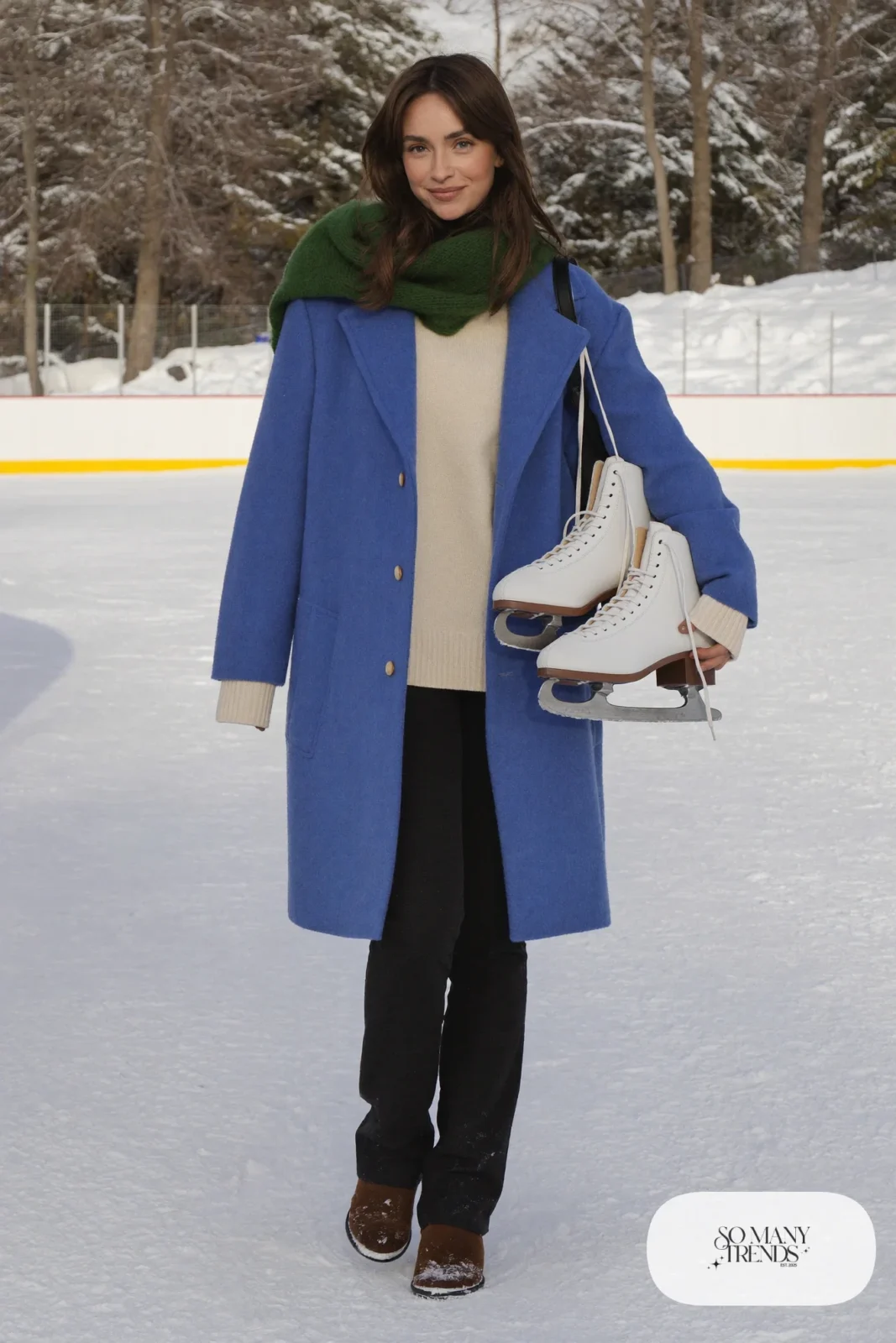 Sky blue knee-length wool-blend coat over cream knit, black stretch pants, forest green scarf and mocha boots - outfit 30