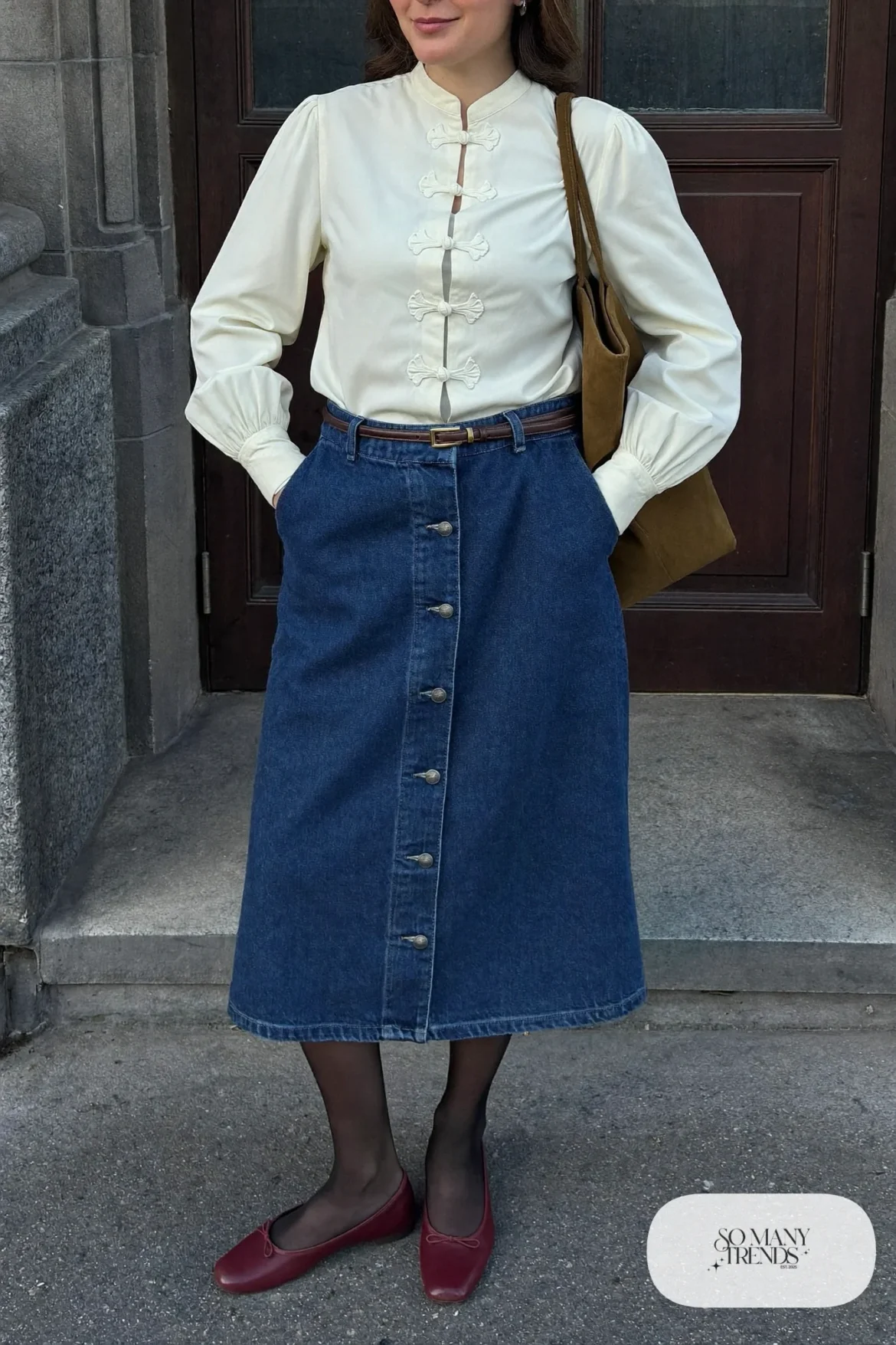Dark denim midi skirt, ivory balloon-sleeve blouse, brown belt, burgundy flats and olive tote - outfit 4