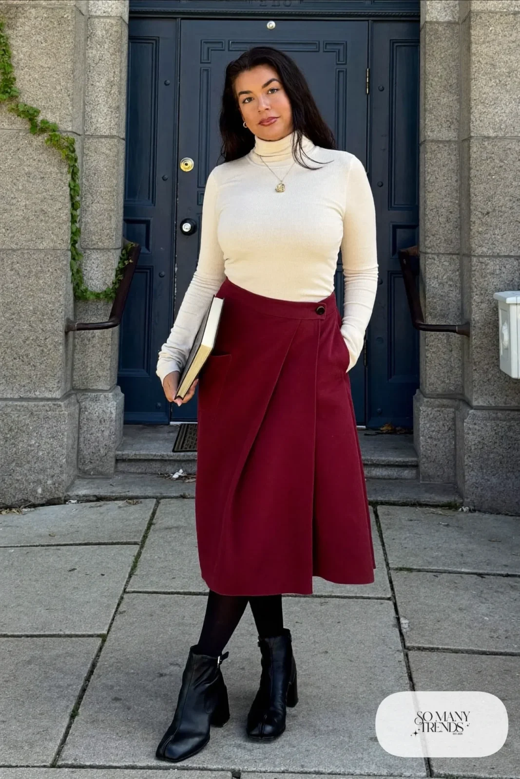 Burgundy midi wrap skirt, cream turtleneck, black tights and black block-heel boots - outfit 6