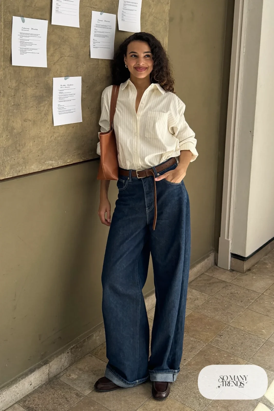 Dark wide-leg jeans, cream pinstripe oversized shirt, brown belt and brown loafers - outfit 8