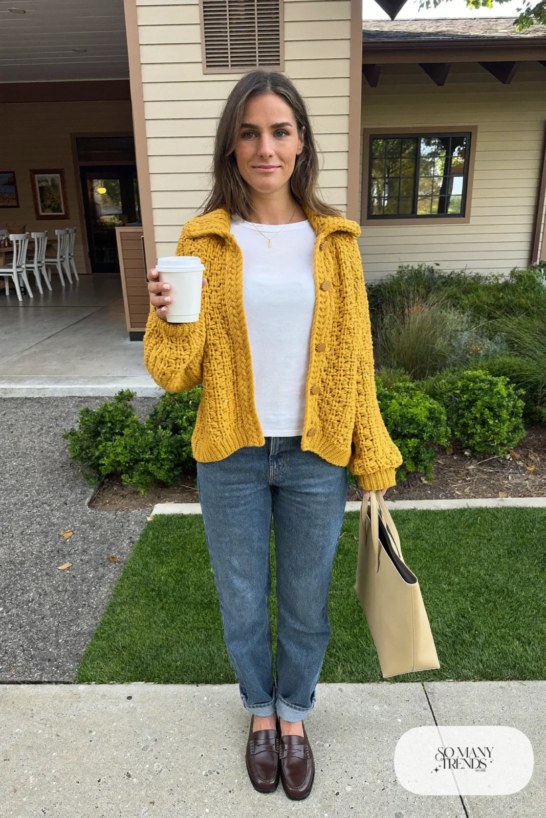 Mustard knit cardigan, white tee, mid-blue straight jeans and brown loafers - outfit 9