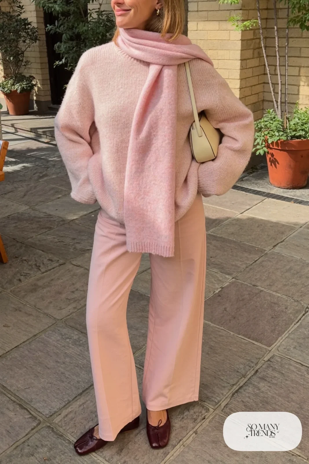 Pale pink oversized sweater, pink knit scarf, blush wide pants and burgundy flats - outfit 10