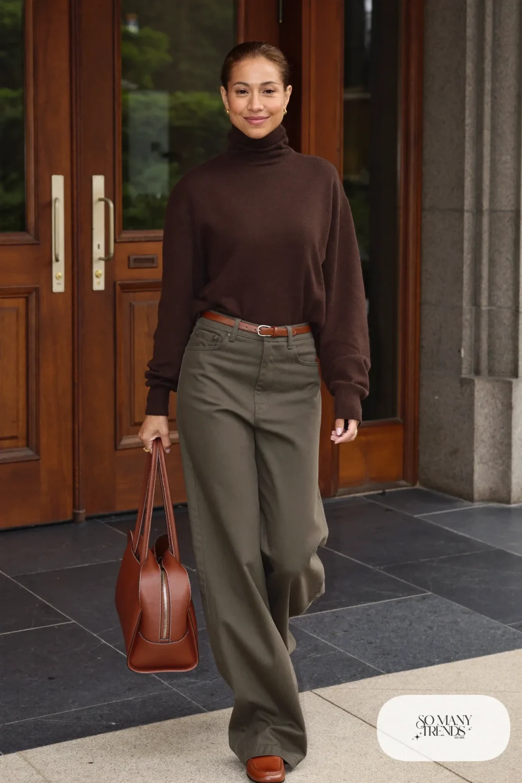 Olive wide-leg pants, chocolate turtleneck, cognac belt and loafers - outfit 11