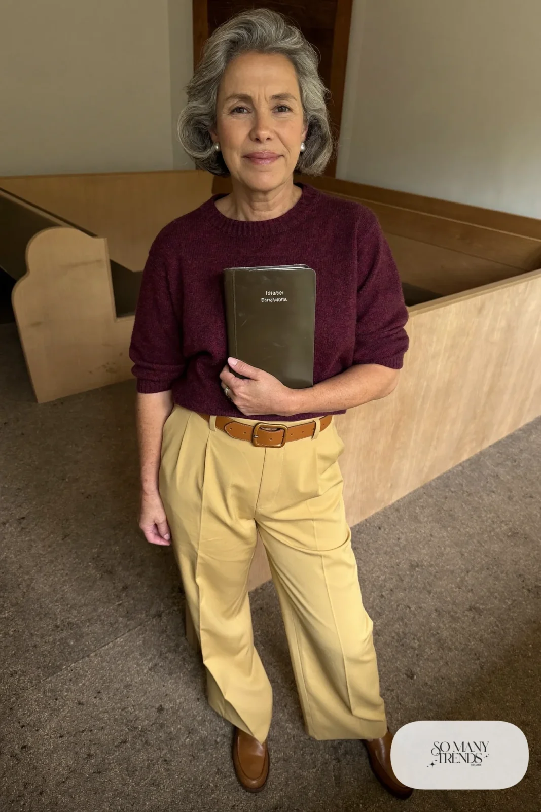 Camel straight pants, burgundy crew-neck sweater, tan belt and loafers - outfit 13