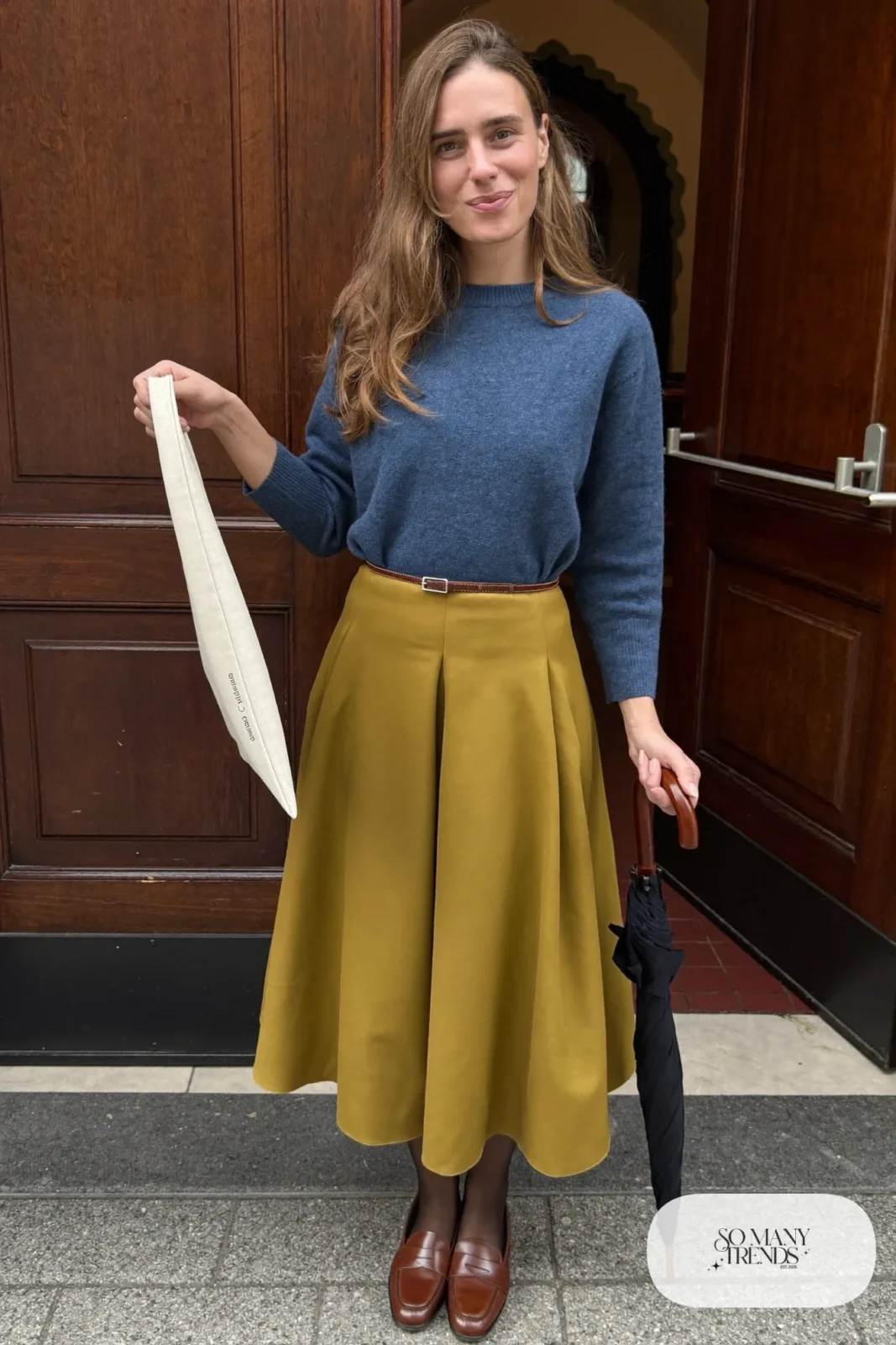 Denim-blue sweater, olive A-line midi skirt, brown belt and cognac loafers - outfit 17
