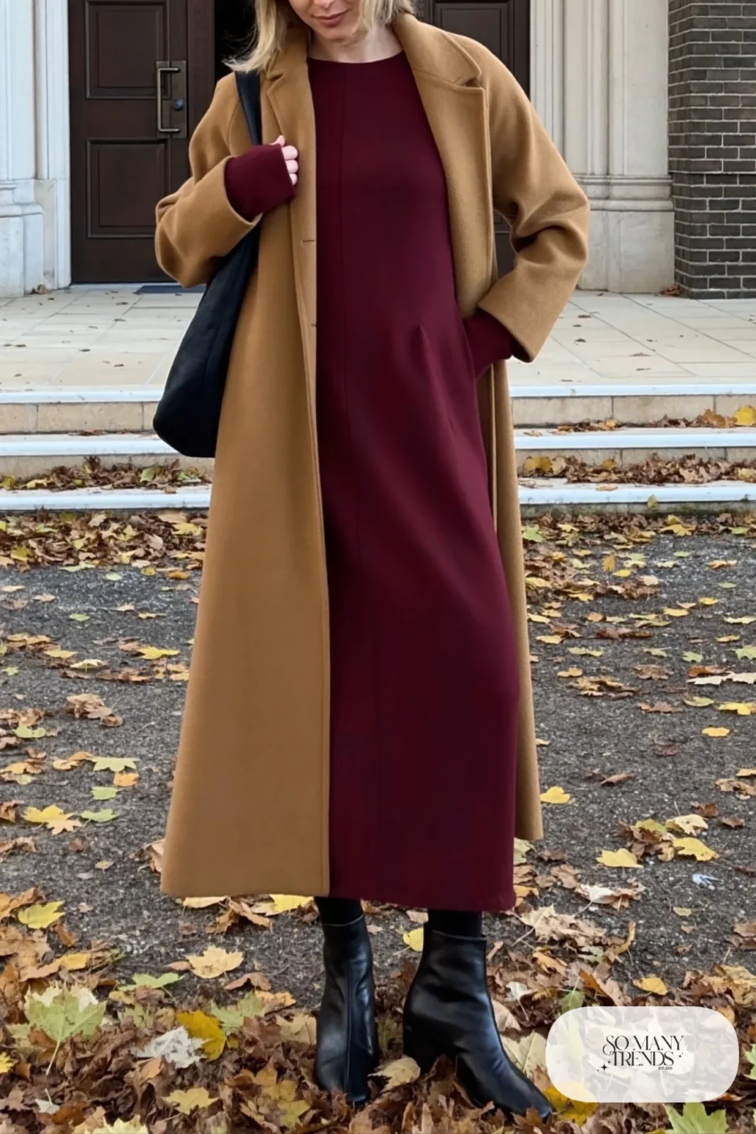 Long camel coat, burgundy long-sleeve midi dress and black ankle boots - outfit 24