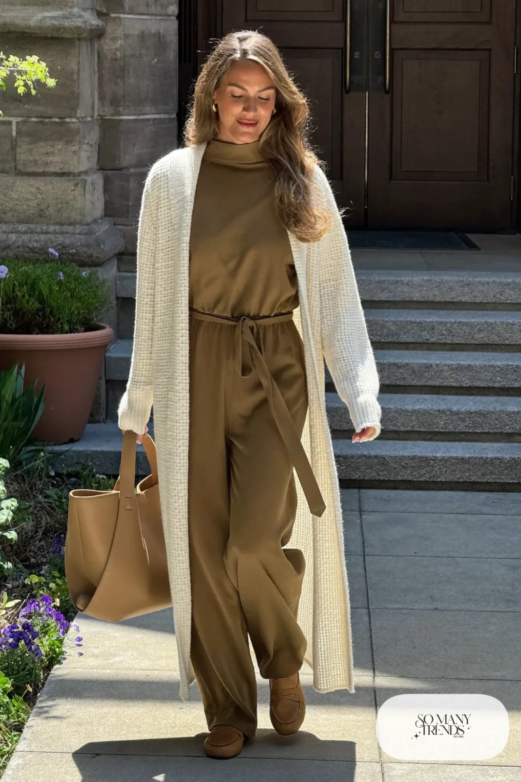 Long-sleeve olive wide-leg jumpsuit, long cream cardigan and tan loafers - outfit 29